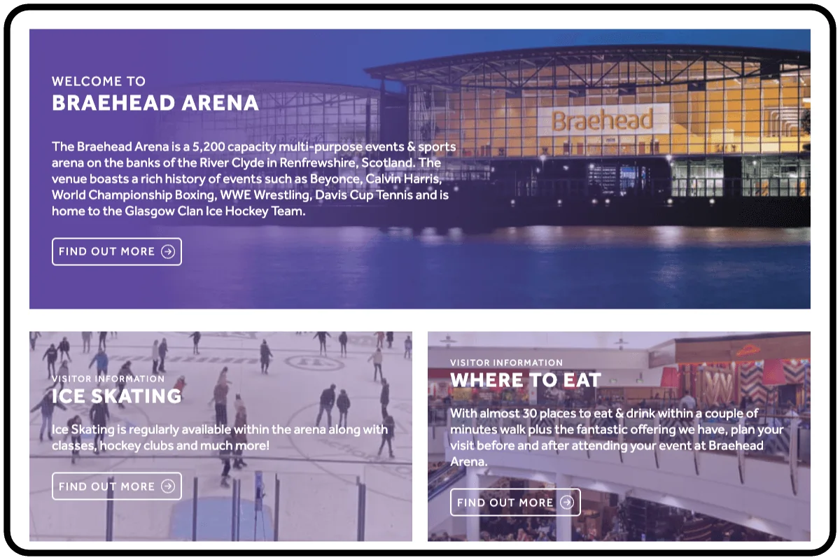 iPad screen of the Braehead Arena website.