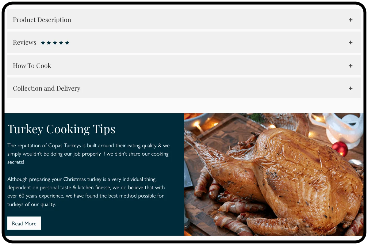 iPad screenshot of the Copas Turkeys website