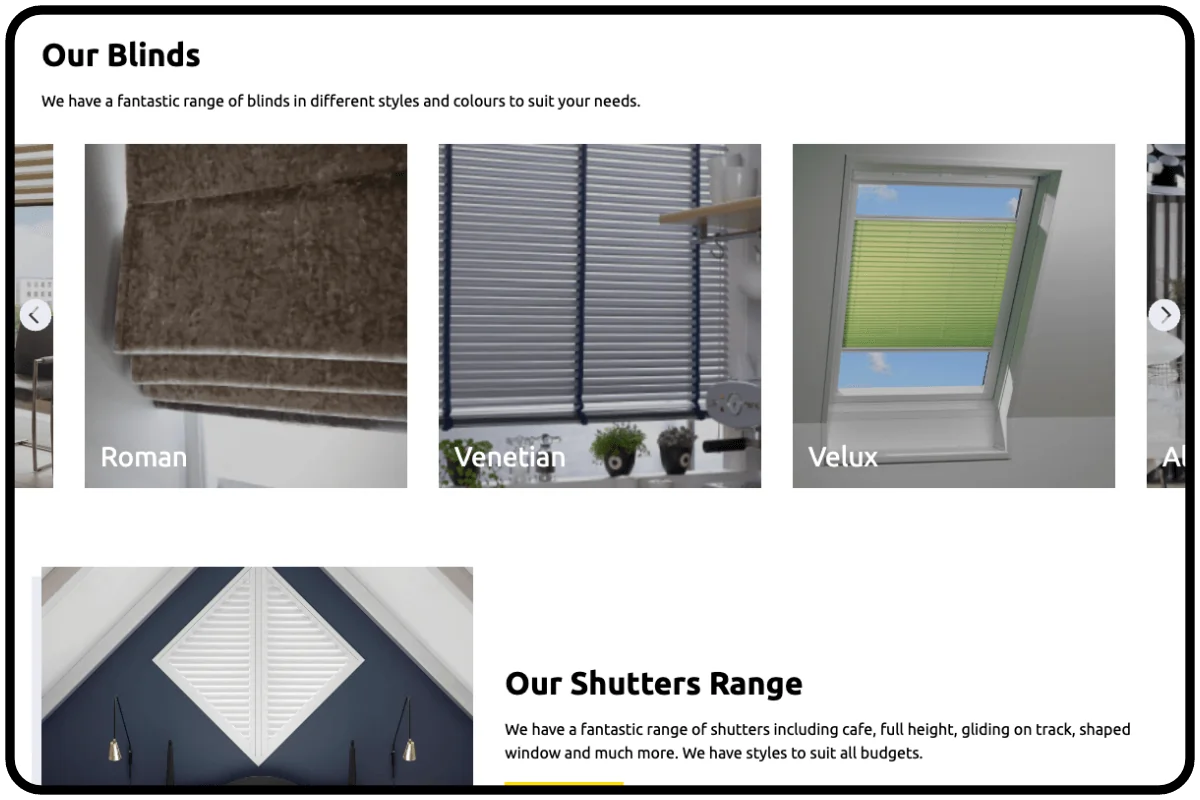 iPad screenshot of the Platinum Window Blinds website