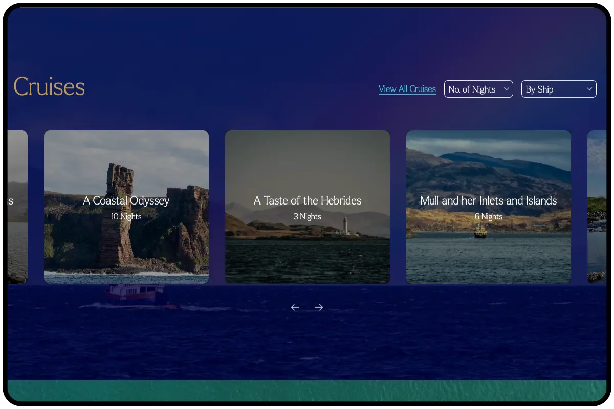 iPad screenshot showing the majestic line website cruises section on the homepage