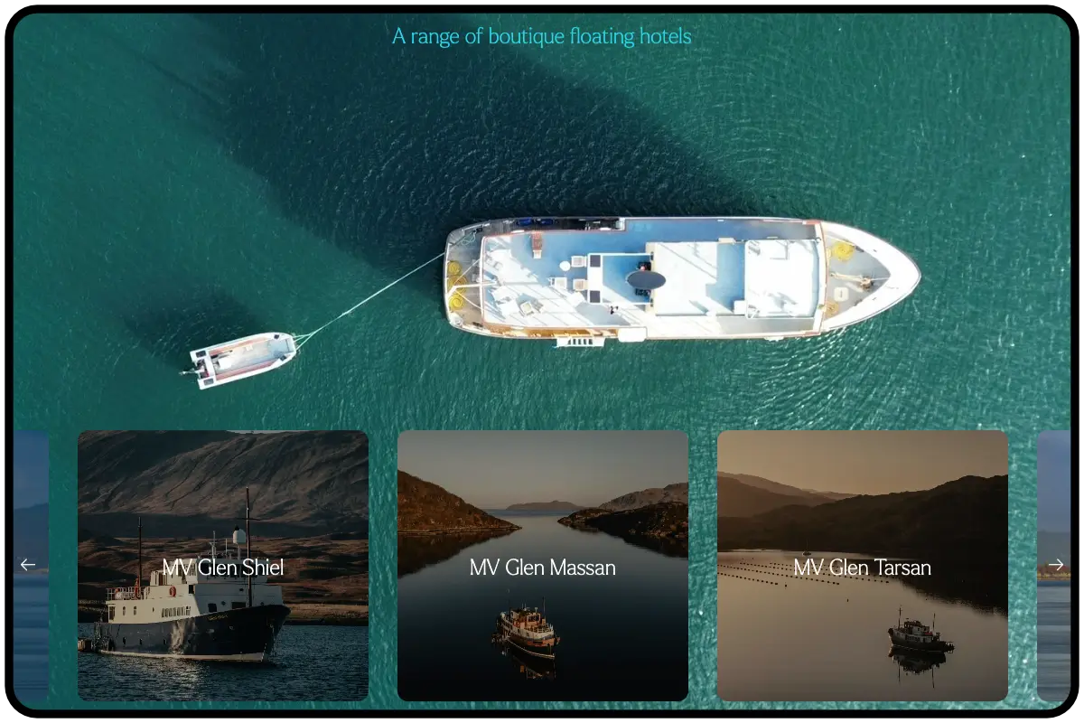 iPad screenshot showing the majestic line website showing the vessels section on the homepage