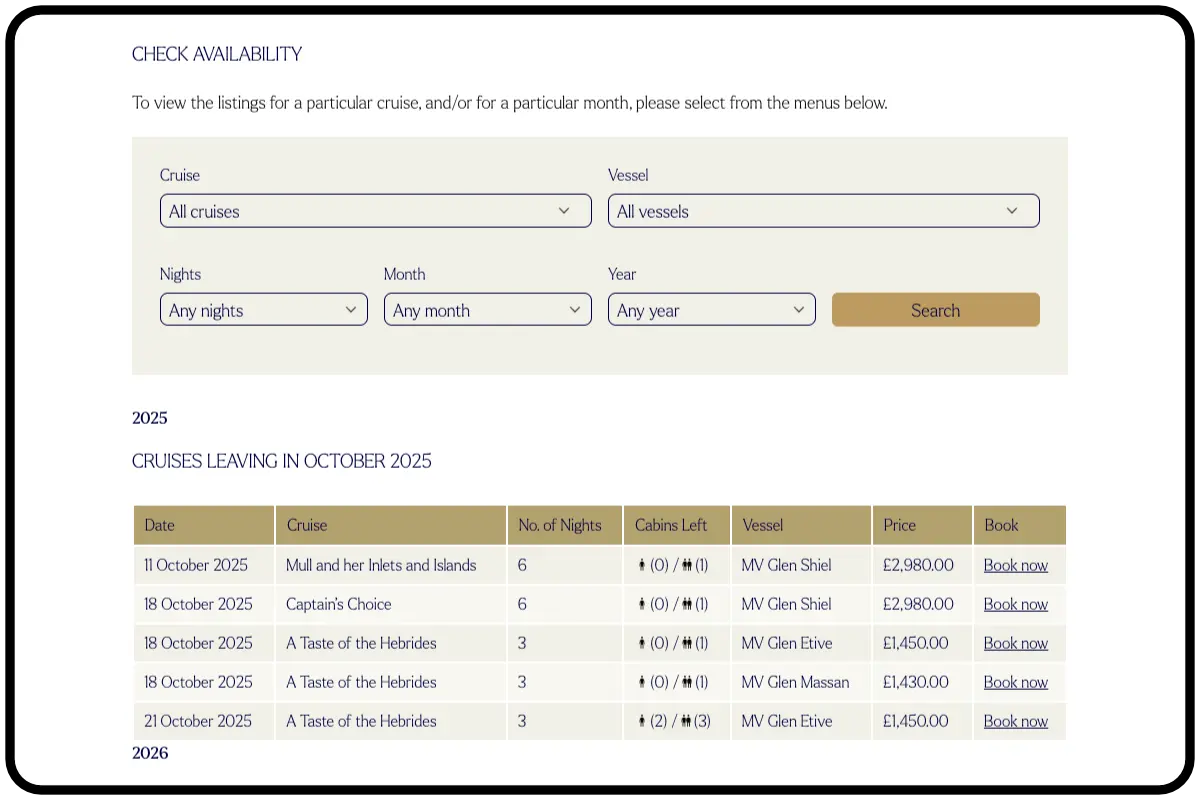 iPad screenshot showing the majestic line website showing the booking page